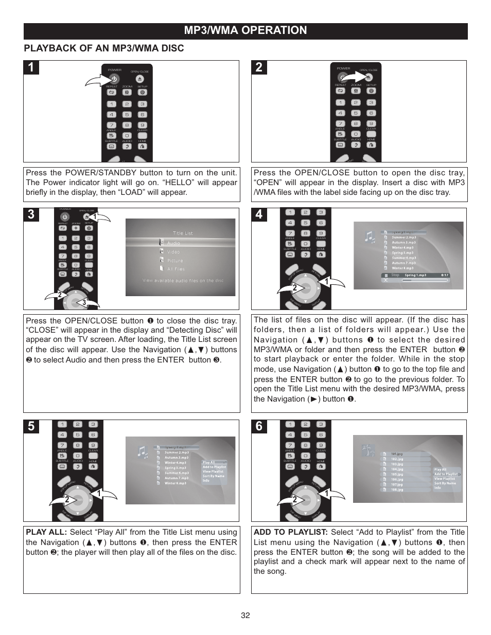 Mp3/wma operation, Playback of an mp3/wma disc | Memorex Digital Video Disc Player User Manual | Page 32 / 86
