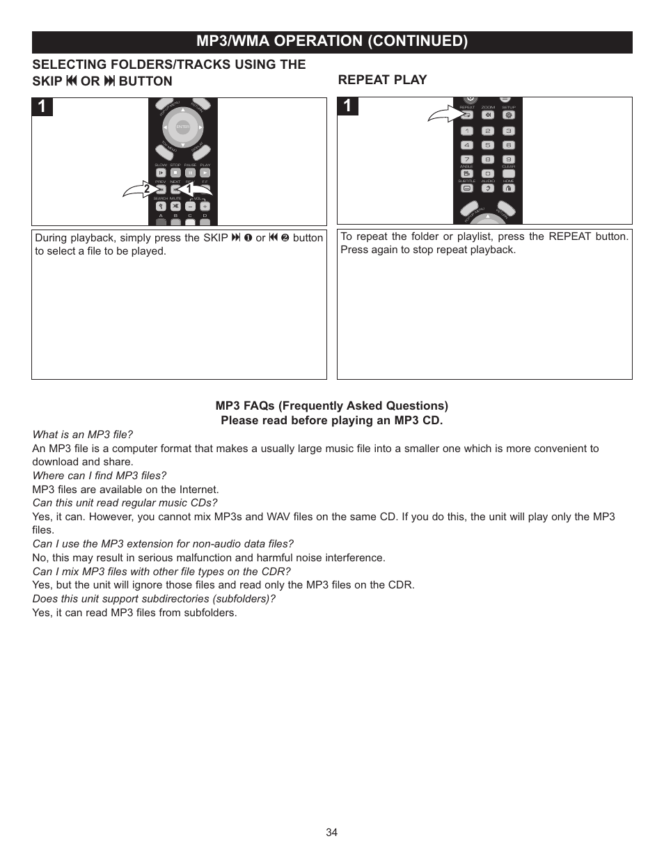 Mp3/wma operation (continued), Repeat play | Memorex Digital Video Disc Player User Manual | Page 34 / 86