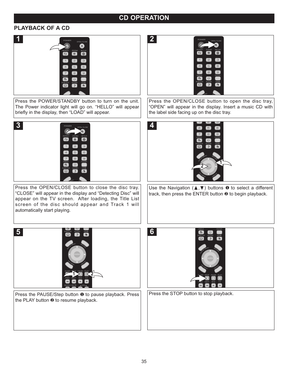 Cd operation, Playback of a cd, Press the stop button to stop playback | Memorex Digital Video Disc Player User Manual | Page 35 / 86
