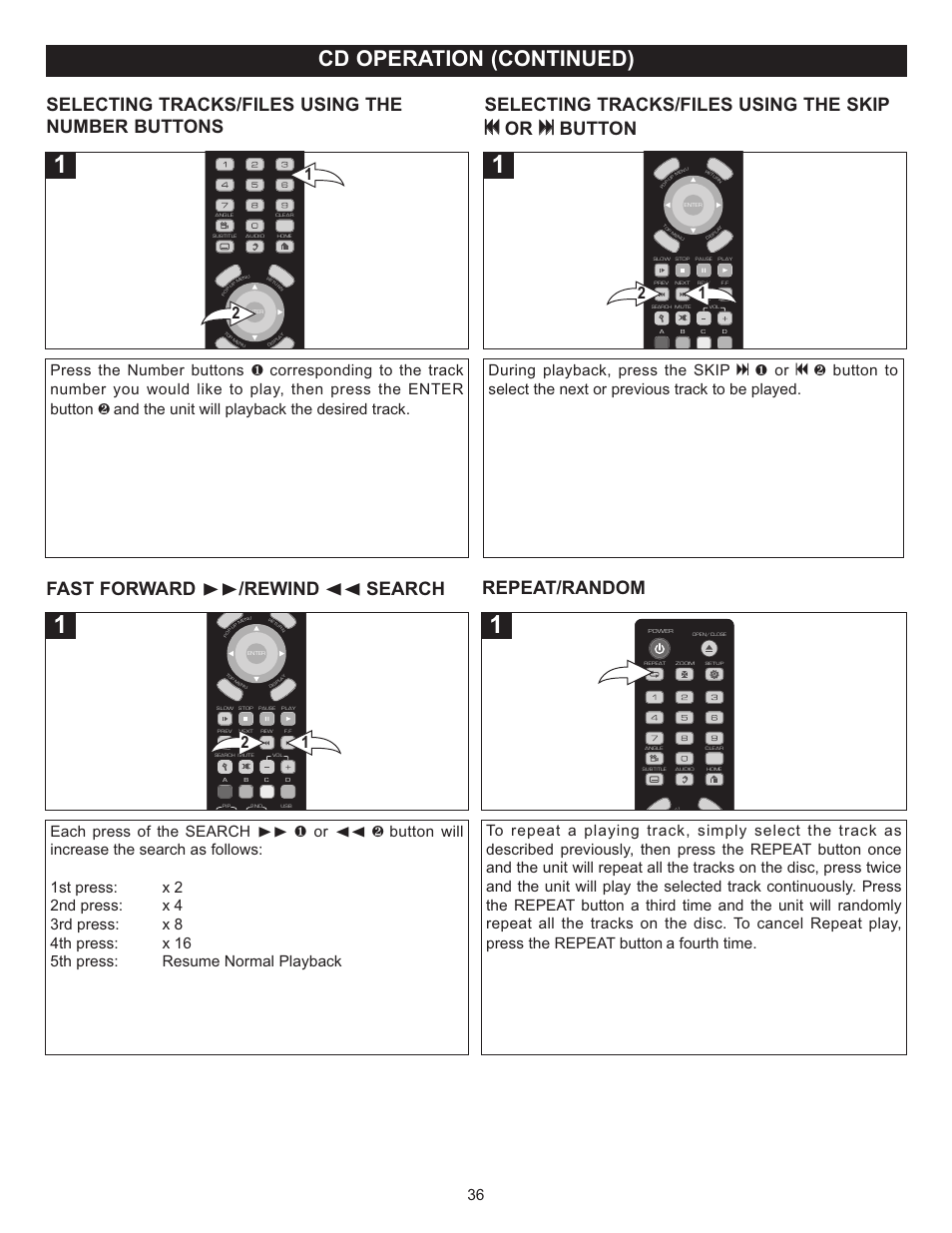 Cd operation (continued), Fast forward ®® /rewind √√ search repeat/random | Memorex Digital Video Disc Player User Manual | Page 36 / 86