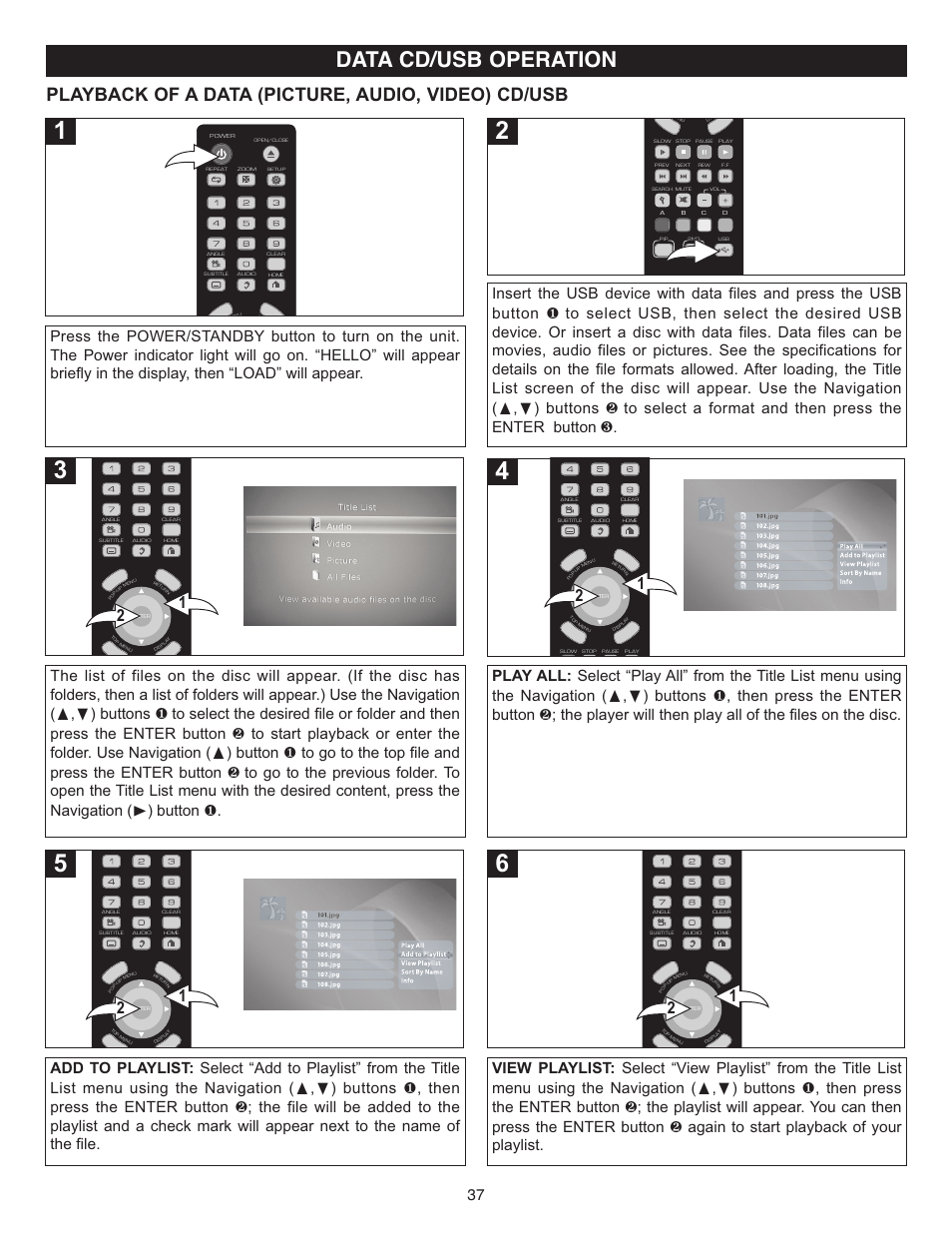 Data cd/usb operation, Playback of a data (picture, audio, video) cd/usb | Memorex Digital Video Disc Player User Manual | Page 37 / 86