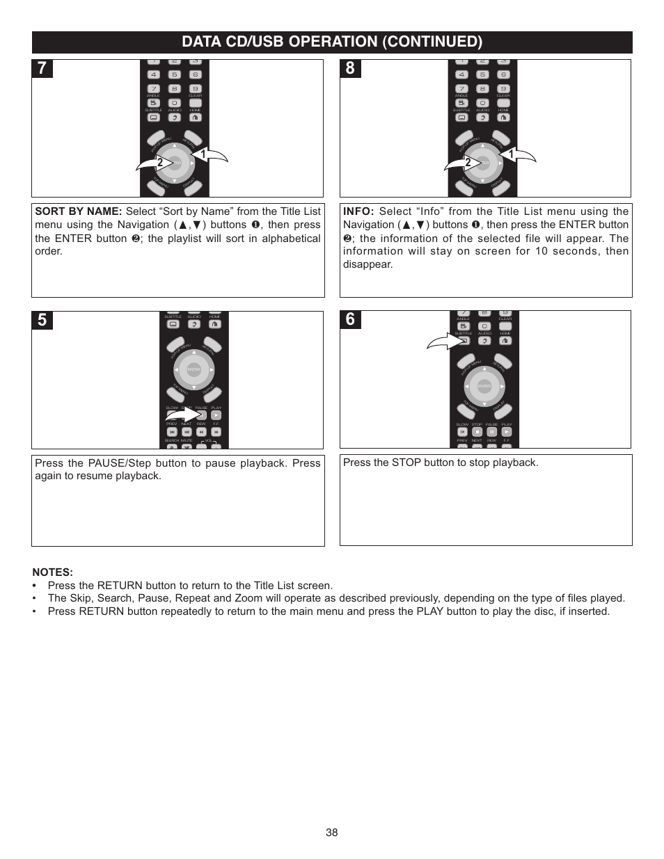 Data cd/usb operation (continued), Press the stop button to stop playback | Memorex Digital Video Disc Player User Manual | Page 38 / 86