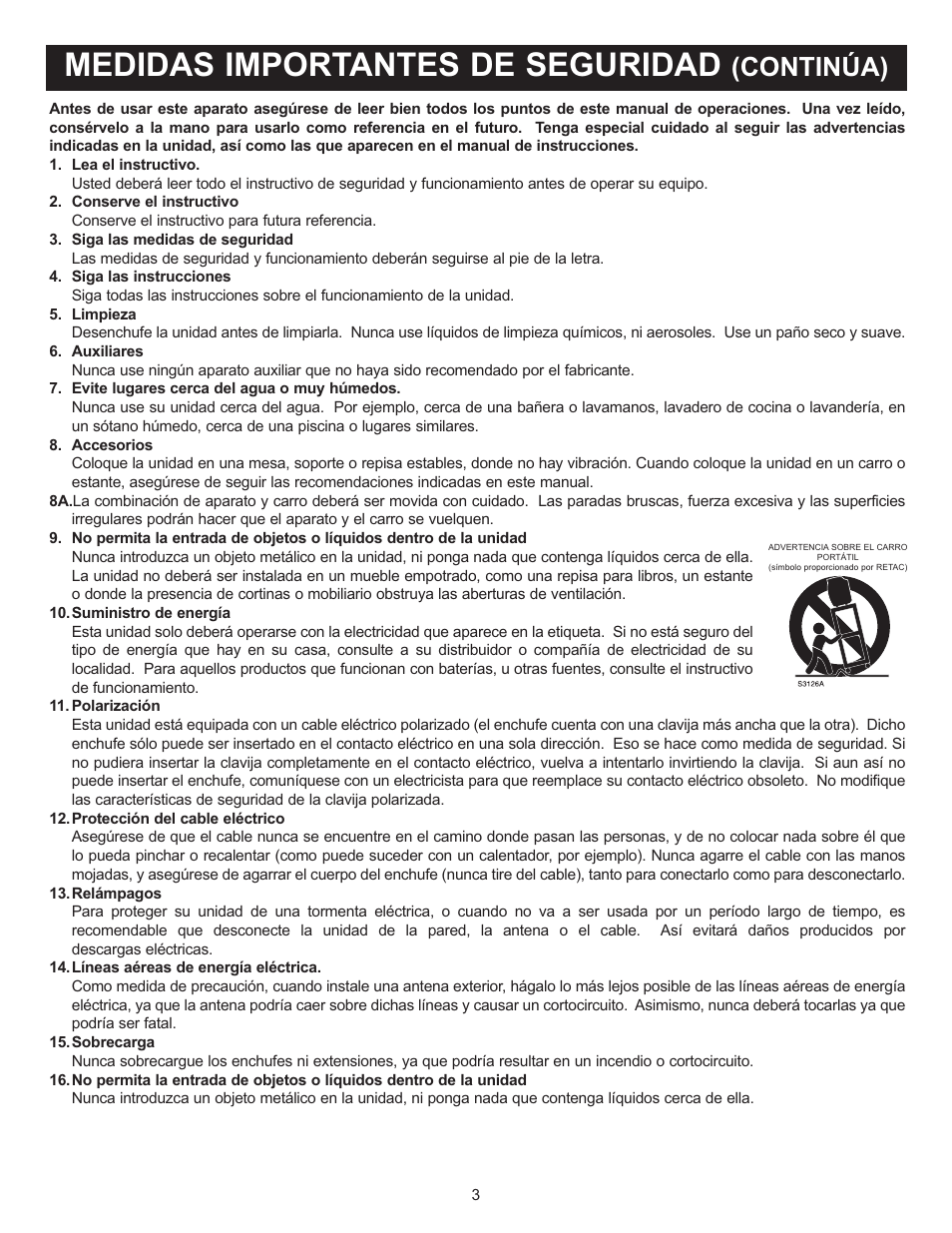 Medidas importantes de seguridad, Continúa) | Memorex Digital Video Disc Player User Manual | Page 46 / 86