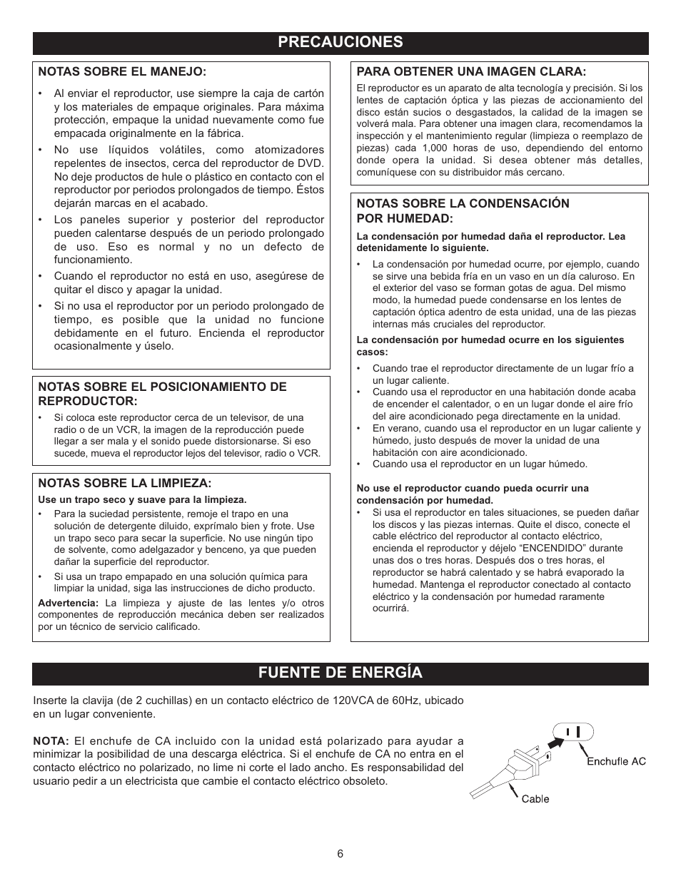 Precauciones fuente de energía | Memorex Digital Video Disc Player User Manual | Page 49 / 86