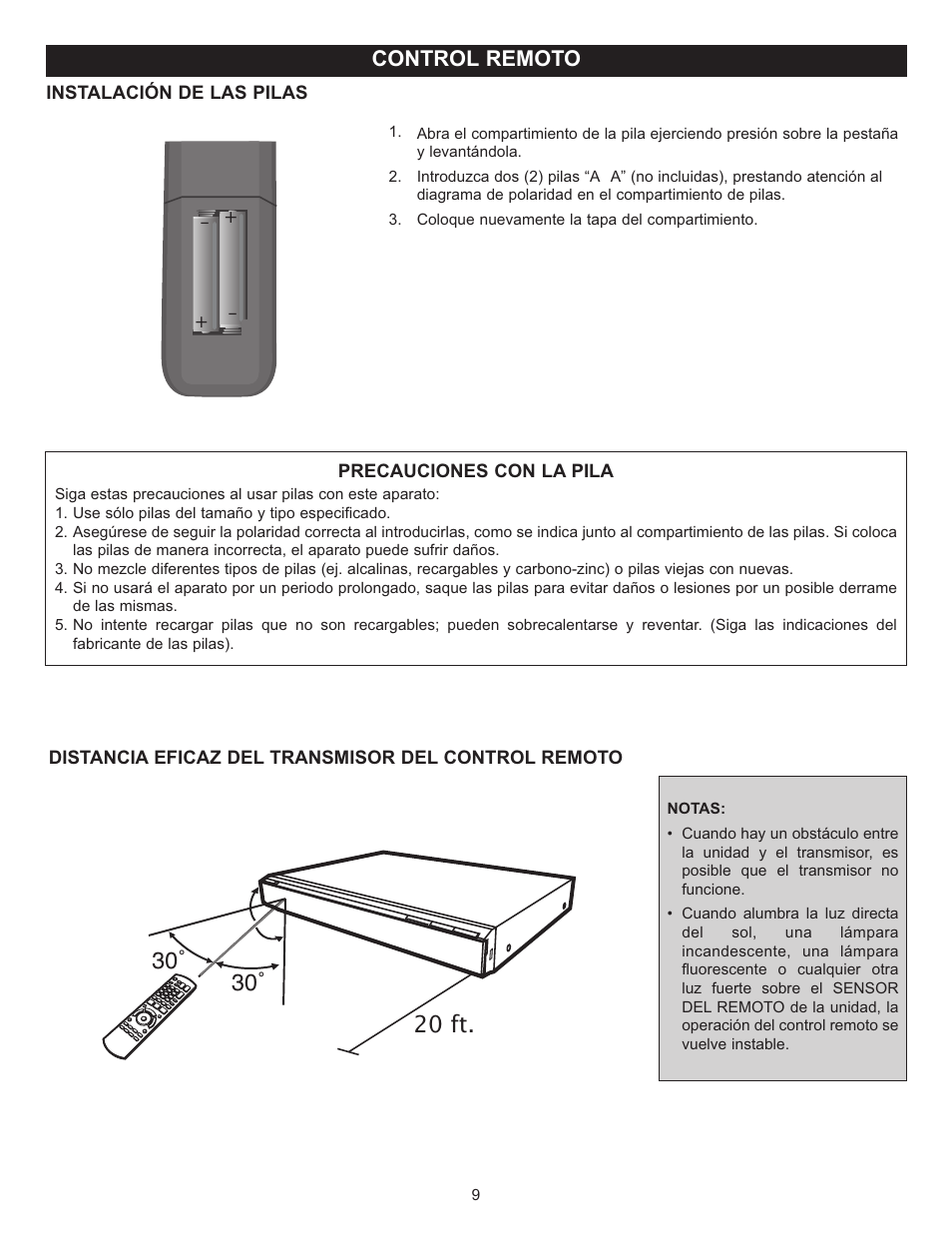 30˚ 20 ft, Control remoto | Memorex Digital Video Disc Player User Manual | Page 52 / 86