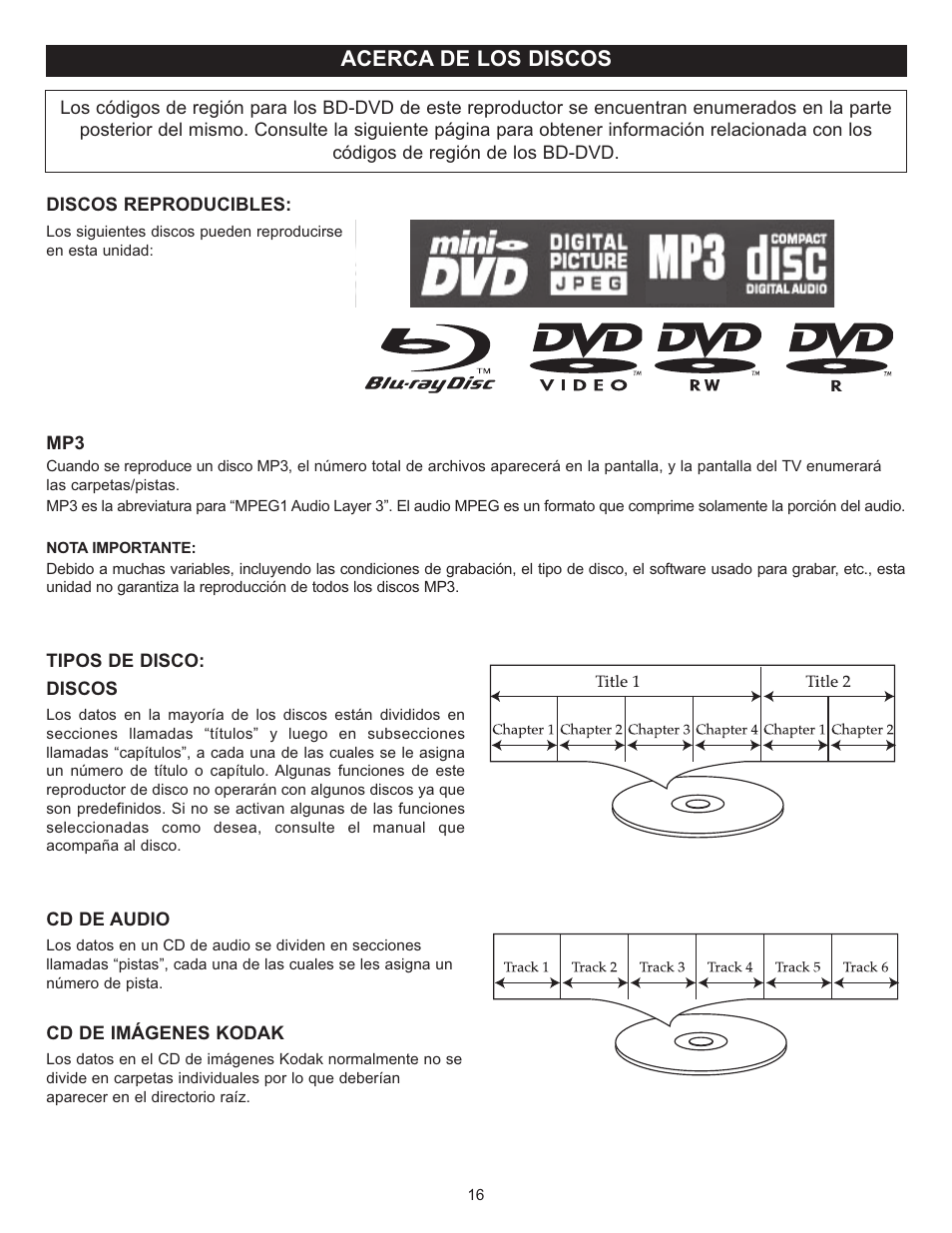 Acerca de los discos | Memorex Digital Video Disc Player User Manual | Page 59 / 86