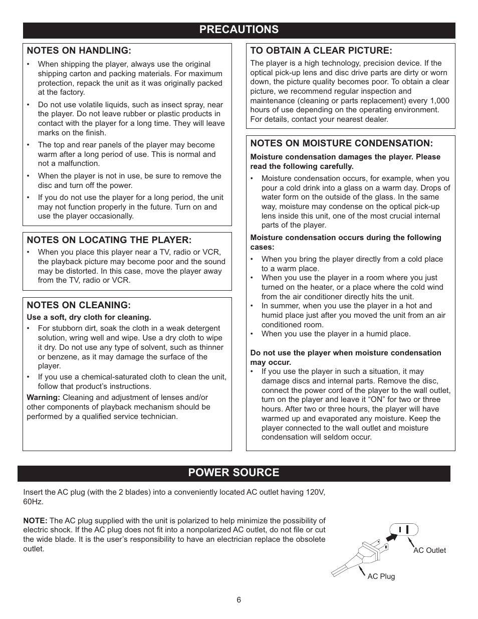 Precautions power source | Memorex Digital Video Disc Player User Manual | Page 6 / 86