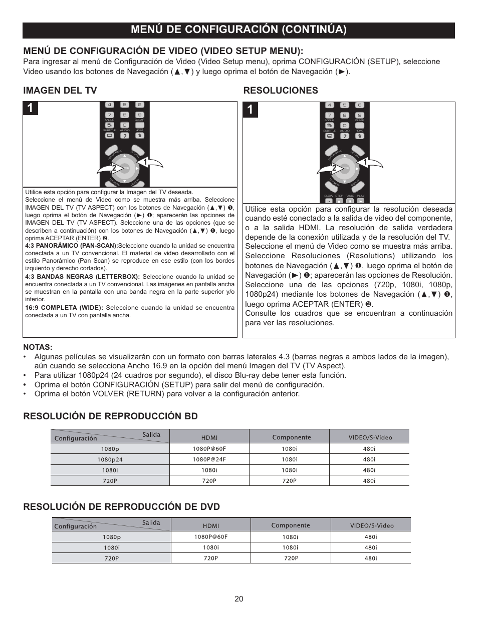 Menú de configuración (continúa), Menú de configuración de video (video setup menu), Resoluciones | Memorex Digital Video Disc Player User Manual | Page 63 / 86