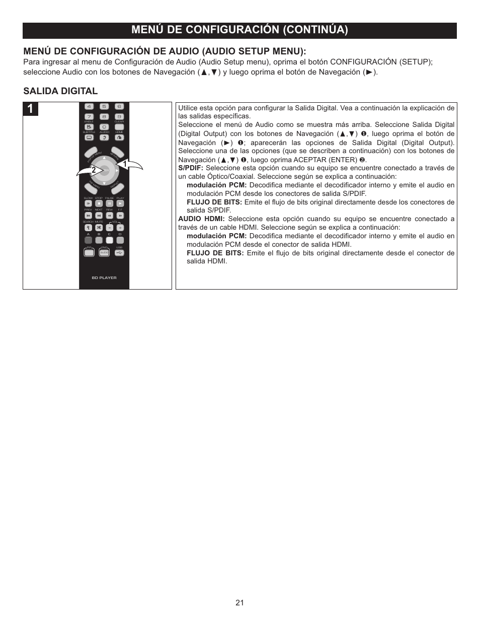 Menú de configuración (continúa), Menú de configuración de audio (audio setup menu), Salida digital | Memorex Digital Video Disc Player User Manual | Page 64 / 86