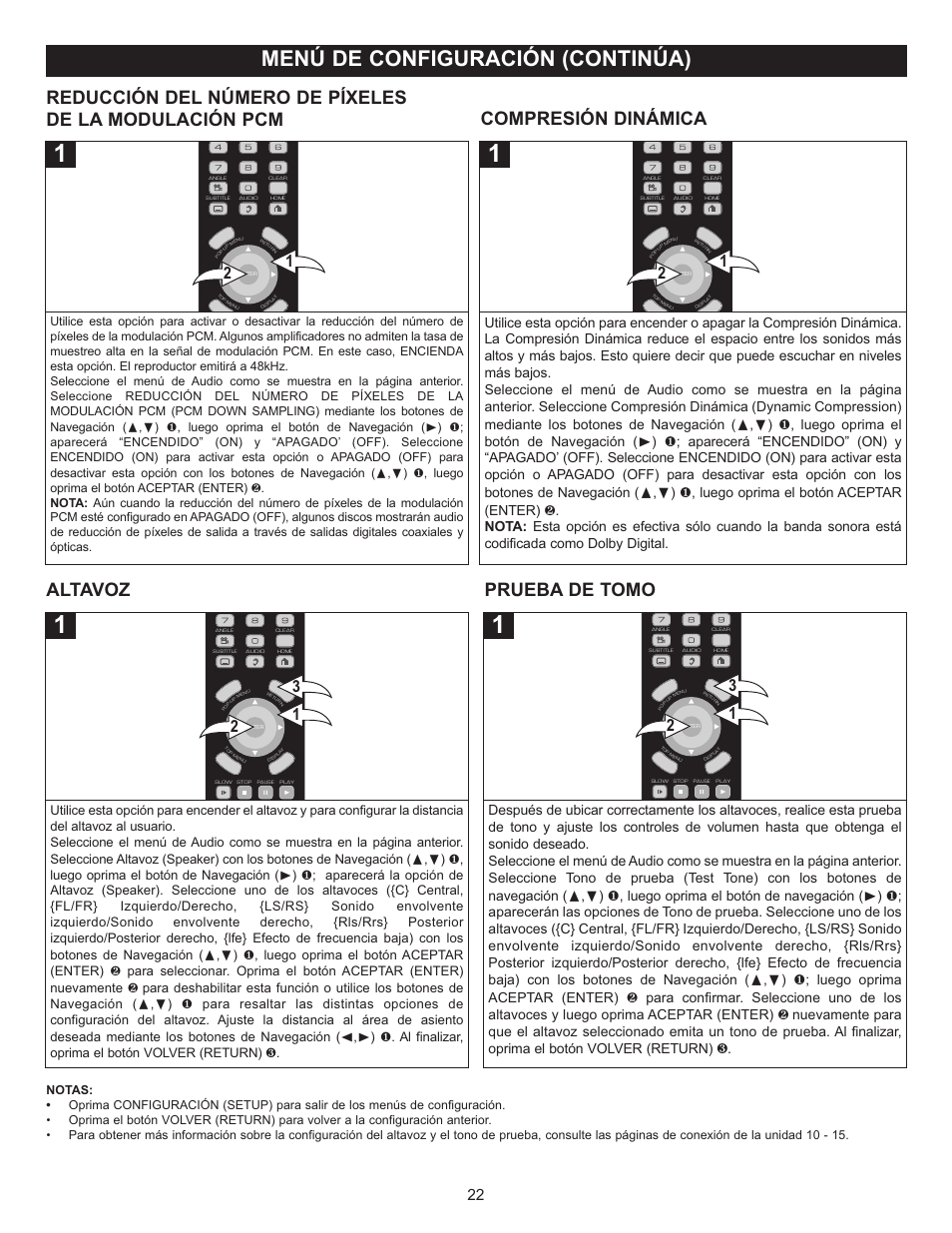 Menú de configuración (continúa), Altavoz, Prueba de tomo compresión dinámica | Memorex Digital Video Disc Player User Manual | Page 65 / 86