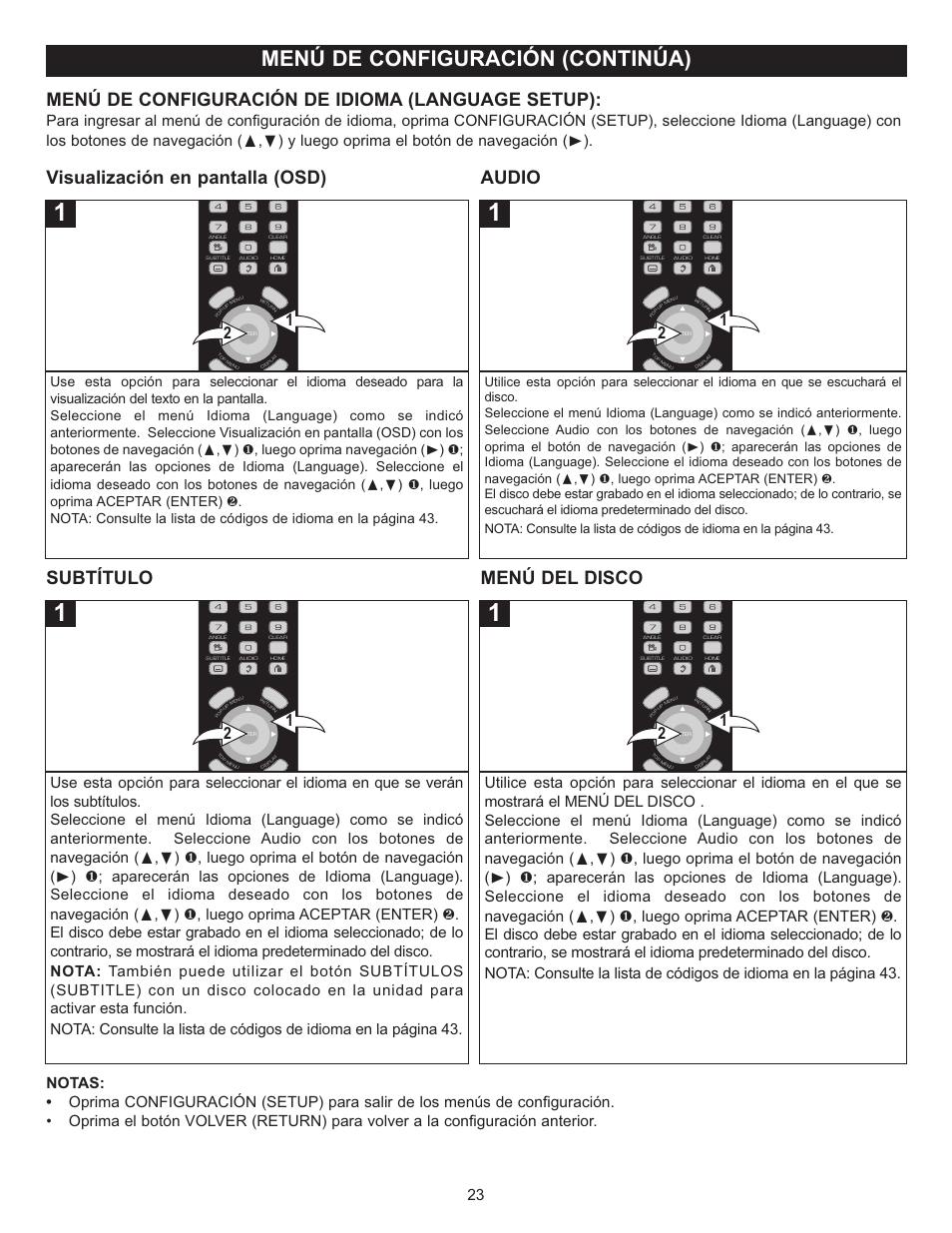 Menú de configuración (continúa), Menú de configuración de idioma (language setup), Visualización en pantalla (osd) audio | Subtítulo menú del disco | Memorex Digital Video Disc Player User Manual | Page 66 / 86