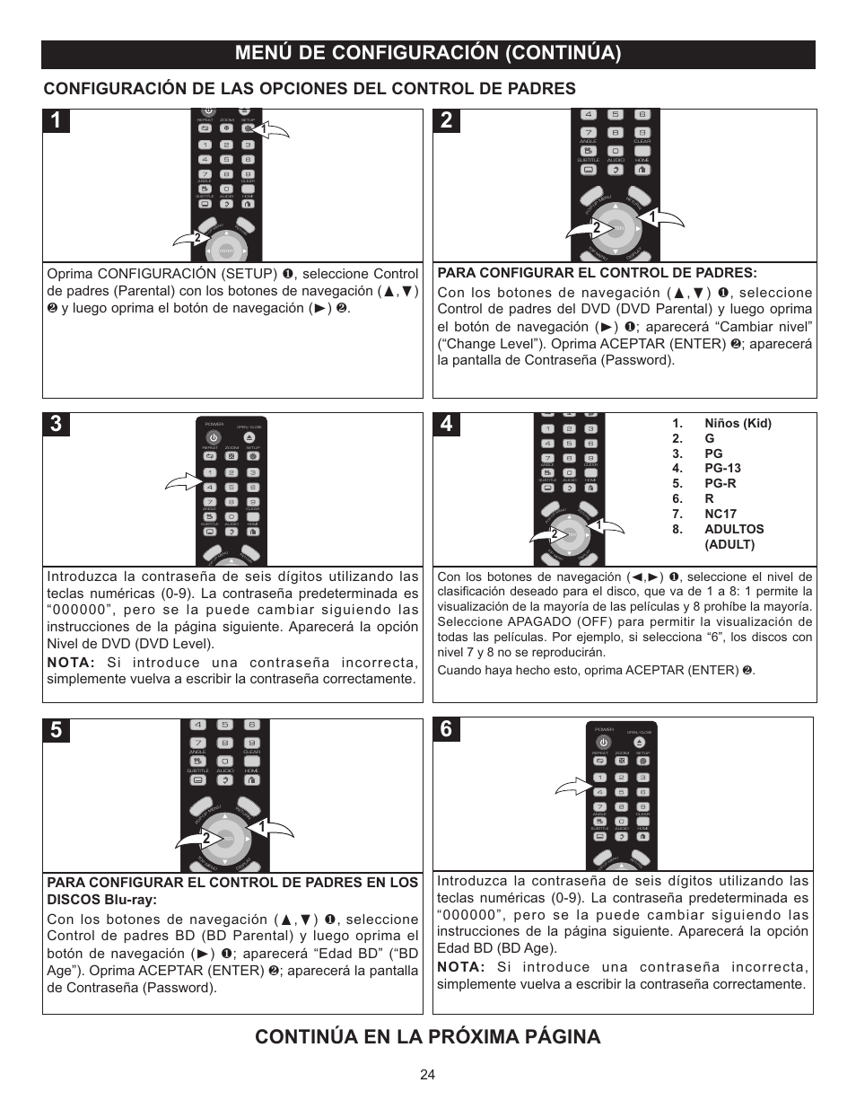 Menú de configuración (continúa), Continúa en la próxima página | Memorex Digital Video Disc Player User Manual | Page 67 / 86