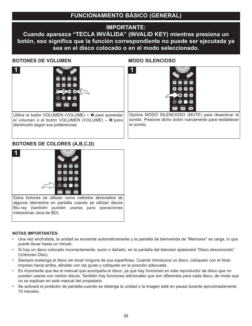 Botones de volumen, Botones de colores (a,b,c,d), Modo silencioso | Memorex Digital Video Disc Player User Manual | Page 69 / 86