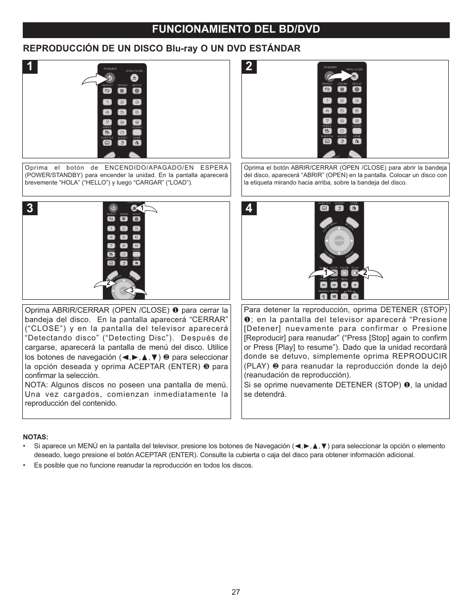 Funcionamiento del bd/dvd, Reproducción de un disco blu-ray o un dvd estándar | Memorex Digital Video Disc Player User Manual | Page 70 / 86