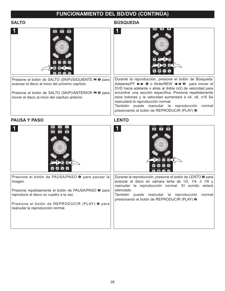 Funcionamiento del bd/dvd (continúa), Salto búsqueda, Pausa y paso lento | Memorex Digital Video Disc Player User Manual | Page 71 / 86