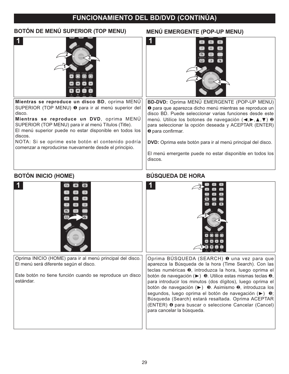 Funcionamiento del bd/dvd (continúa), Botón inicio (home) búsqueda de hora | Memorex Digital Video Disc Player User Manual | Page 72 / 86