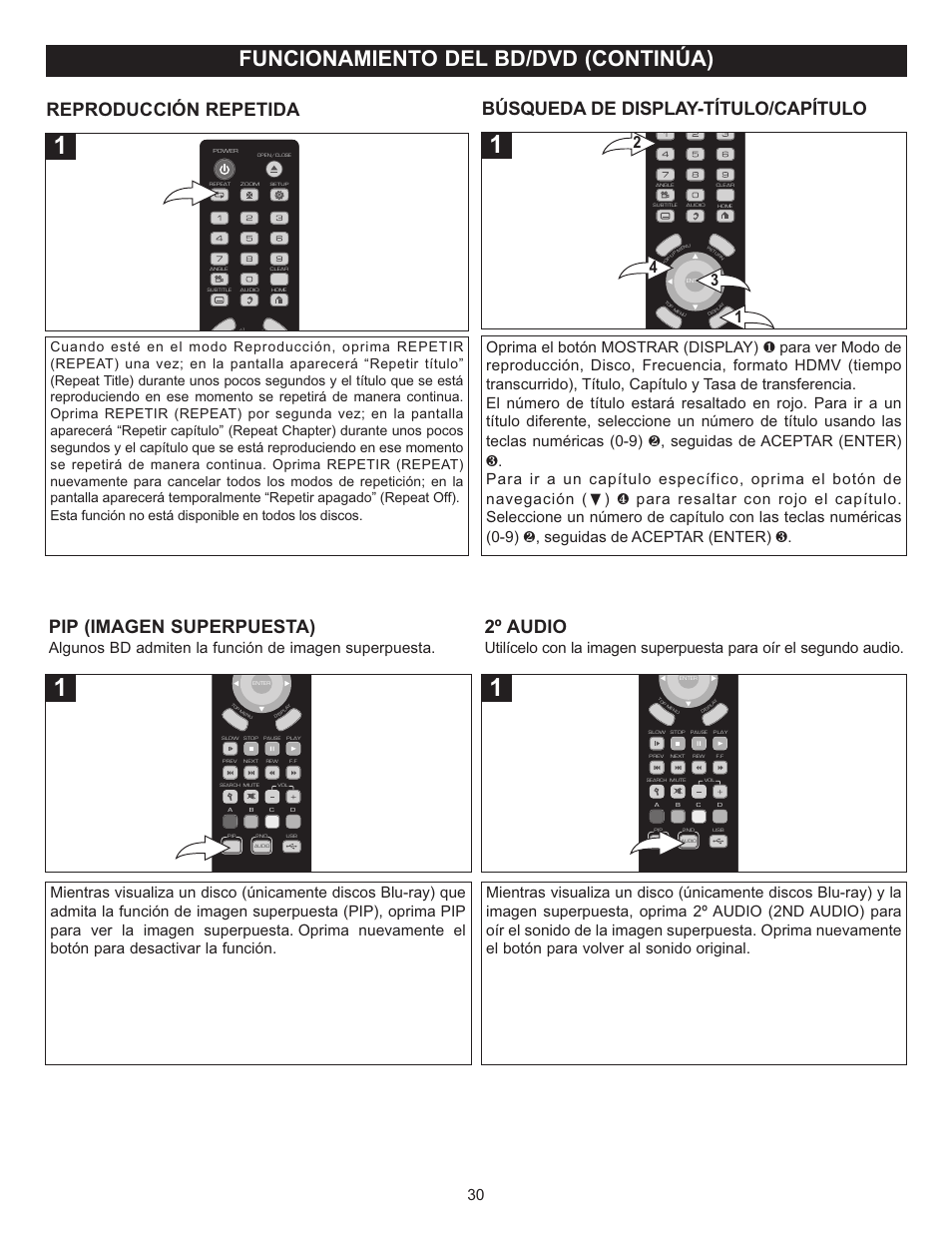 Funcionamiento del bd/dvd (continúa), Reproducción repetida pip (imagen superpuesta), 2º audio | Búsqueda de display-título/capítulo | Memorex Digital Video Disc Player User Manual | Page 73 / 86