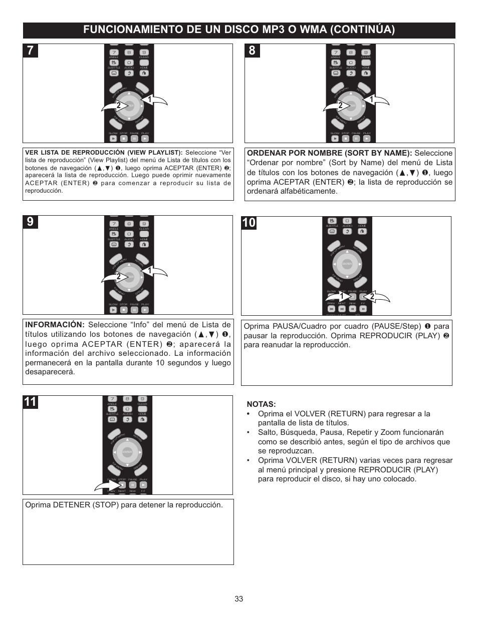 Funcionamiento de un disco mp3 o wma (continúa), Oprima detener (stop) para detener la reproducción | Memorex Digital Video Disc Player User Manual | Page 76 / 86