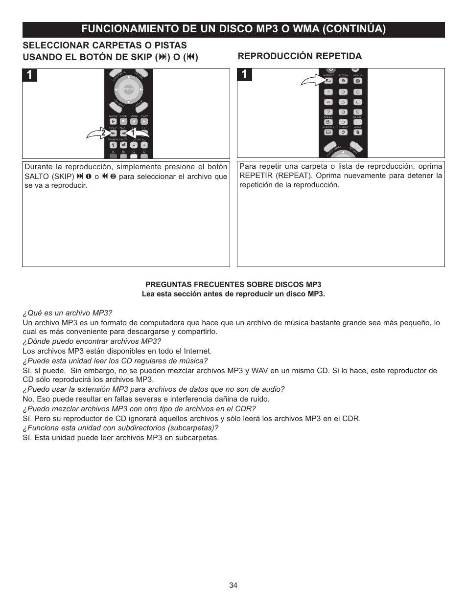 Funcionamiento de un disco mp3 o wma (continúa), Reproducción repetida | Memorex Digital Video Disc Player User Manual | Page 77 / 86