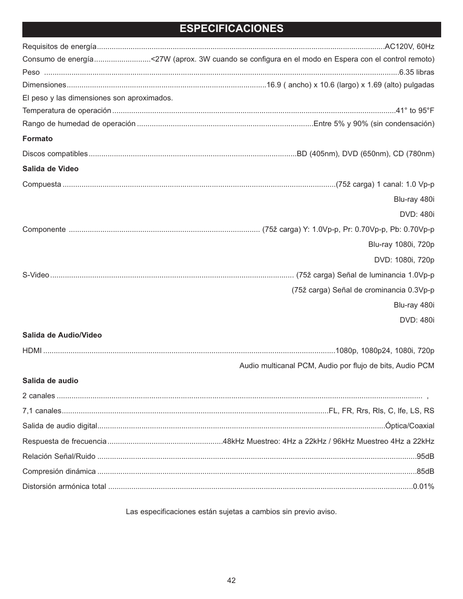 Especificaciones | Memorex Digital Video Disc Player User Manual | Page 85 / 86