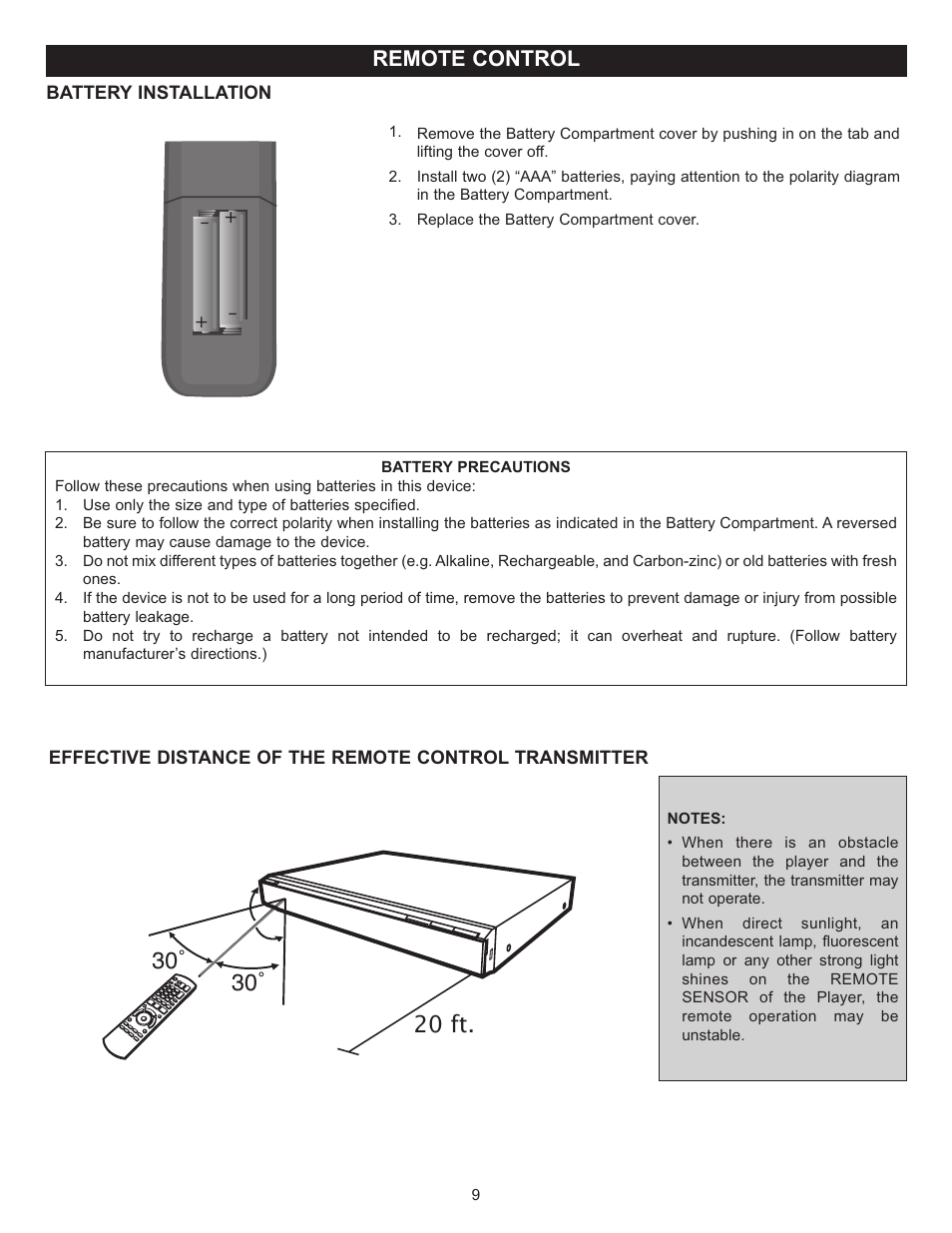 30˚ 20 ft, Remote control | Memorex Digital Video Disc Player User Manual | Page 9 / 86