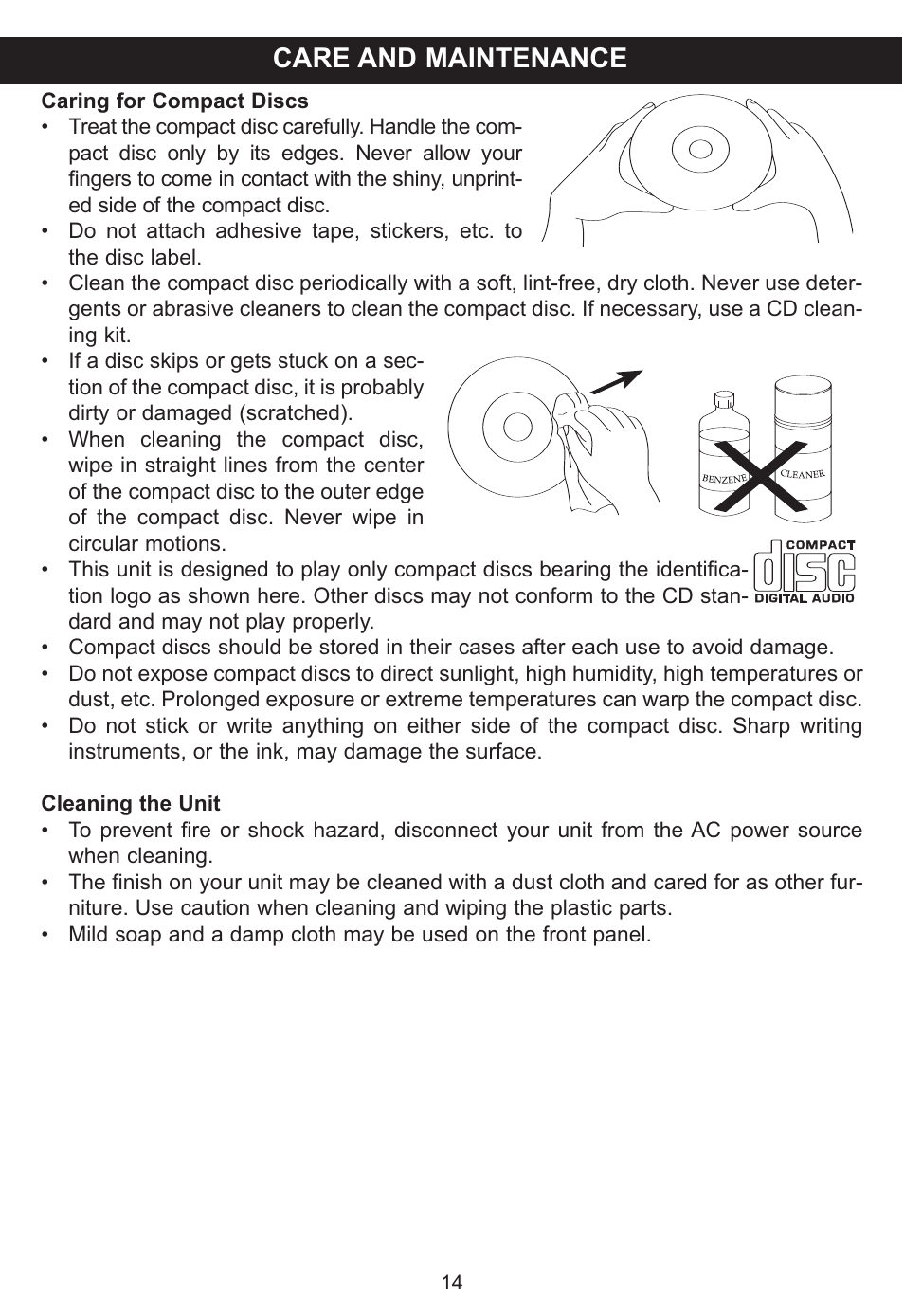 Care and maintenance | Memorex MP3851SP User Manual | Page 15 / 36