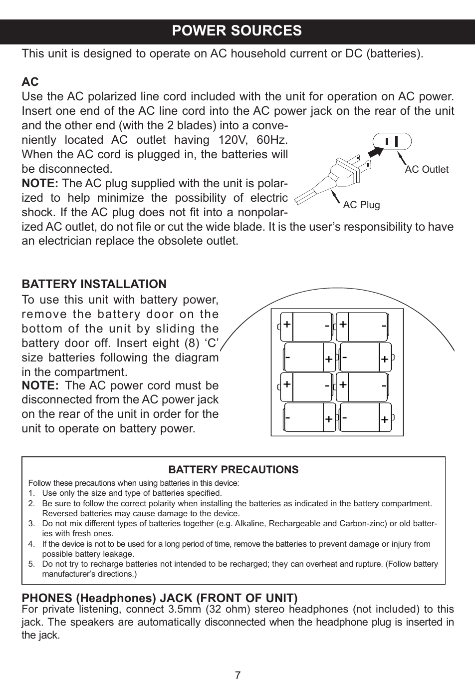 Power sources | Memorex MP3851SP User Manual | Page 8 / 36