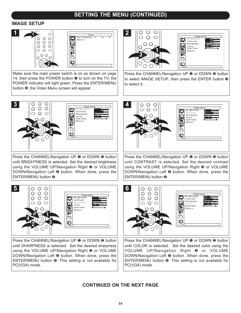 Setting the menu (continued), Image setup, Continued on the next page | Memorex MLT2022 User Manual | Page 17 / 37