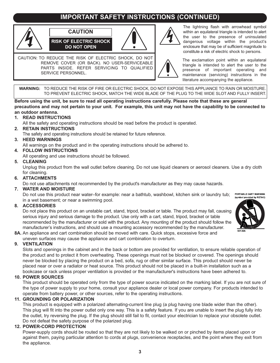 Important safety instructions (continued), Caution | Memorex MLT2022 User Manual | Page 4 / 37