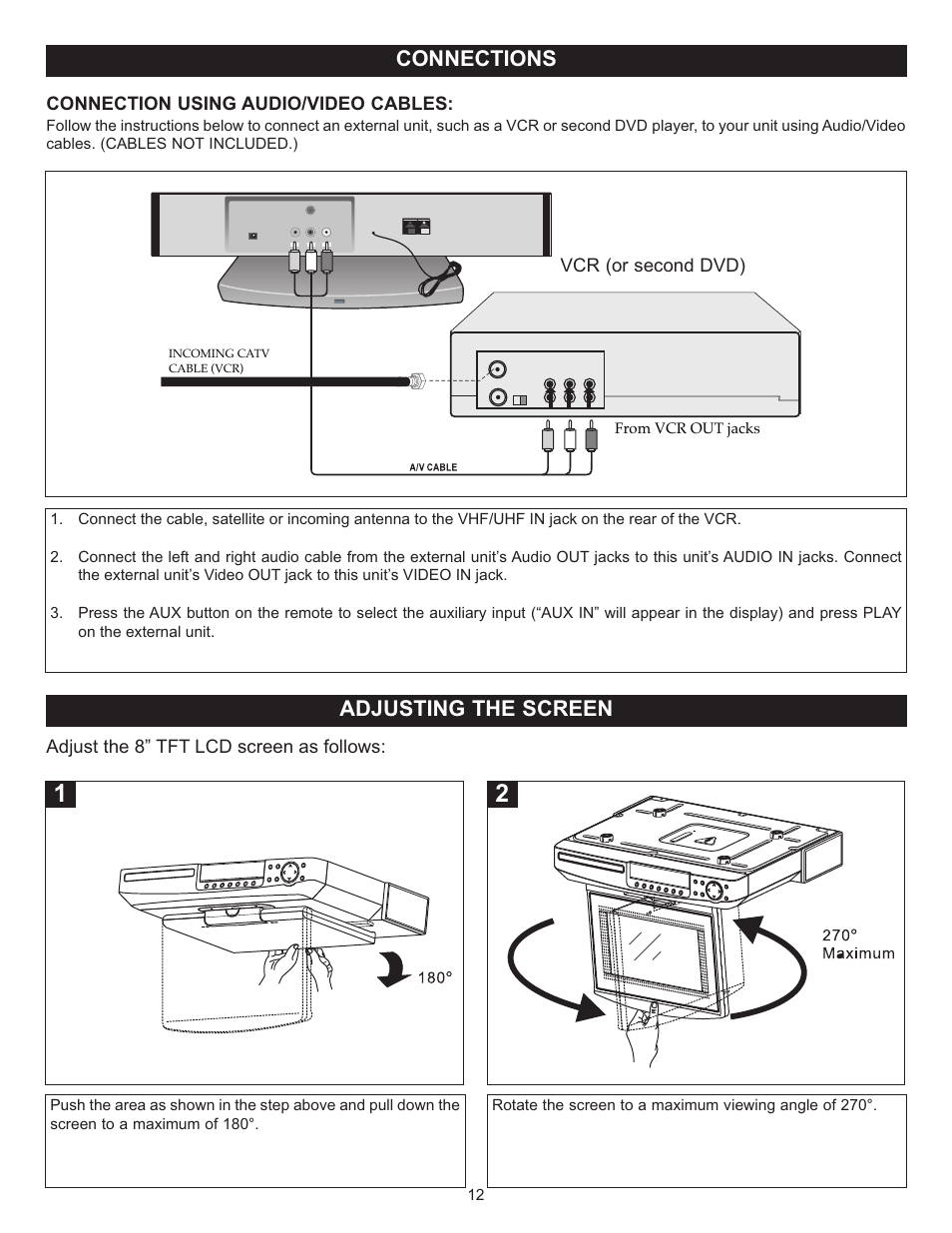 Connections, Adjusting the screen | Memorex MVUC821 User Manual | Page 13 / 59