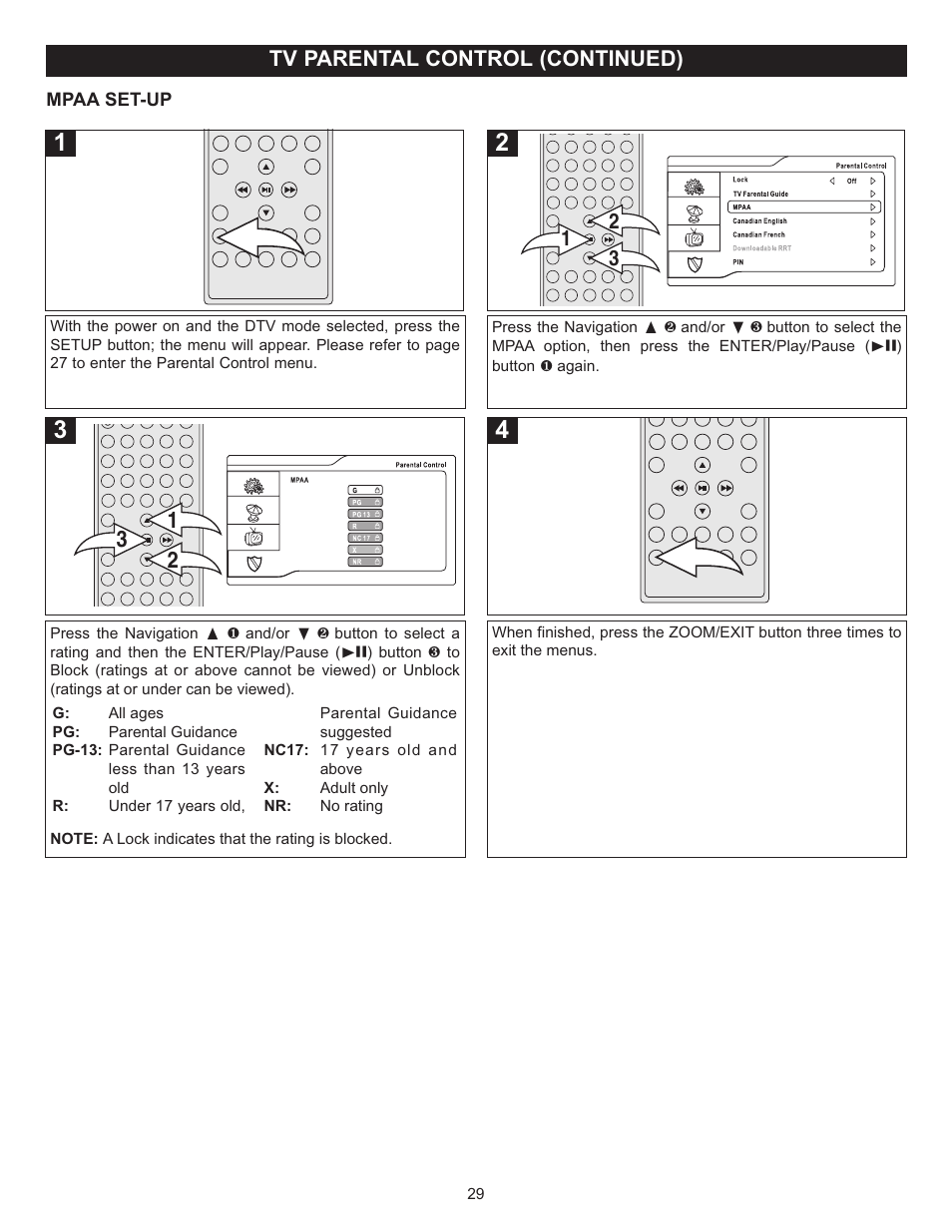 Tv parental control (continued) | Memorex MVUC821 User Manual | Page 30 / 59