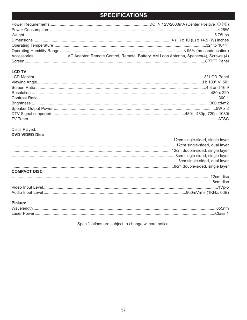 Specifications | Memorex MVUC821 User Manual | Page 58 / 59