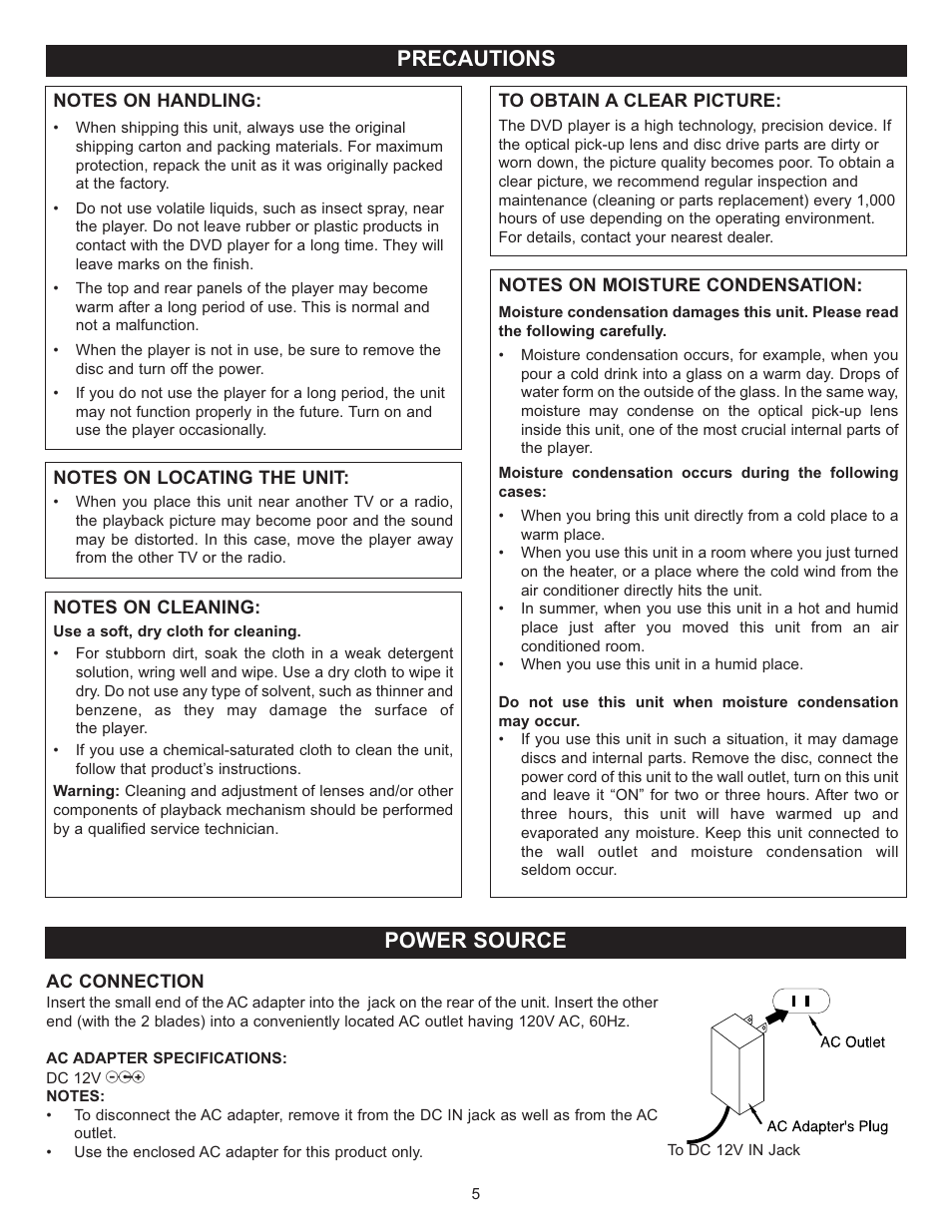 Precautions power source | Memorex MVUC821 User Manual | Page 6 / 59