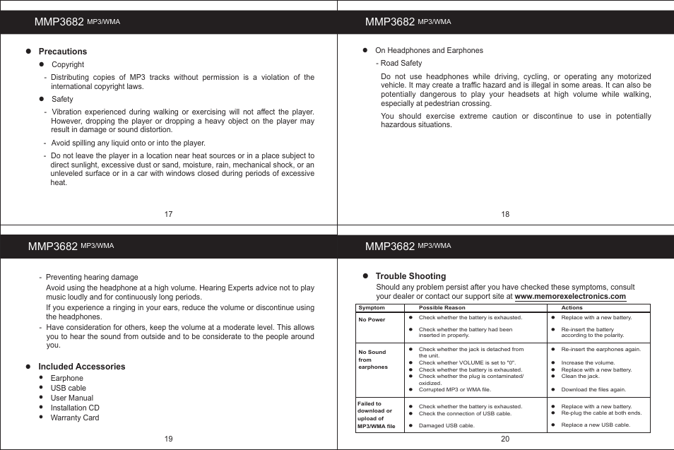 Mmp3682, Precautions, Trouble shooting | Included accessories | Memorex MMP3682 User Manual | Page 6 / 8