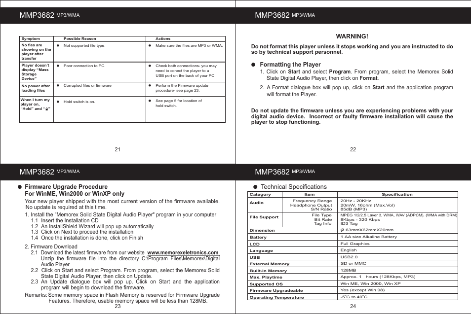 Mmp3682, Mmp3642, Technical specifications | Warning, Formatting the player | Memorex MMP3682 User Manual | Page 7 / 8