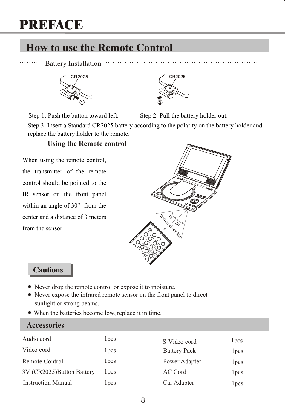 Preface, How to use the remote control, Accessories cautions | Memorex MVDP1072 User Manual | Page 13 / 52