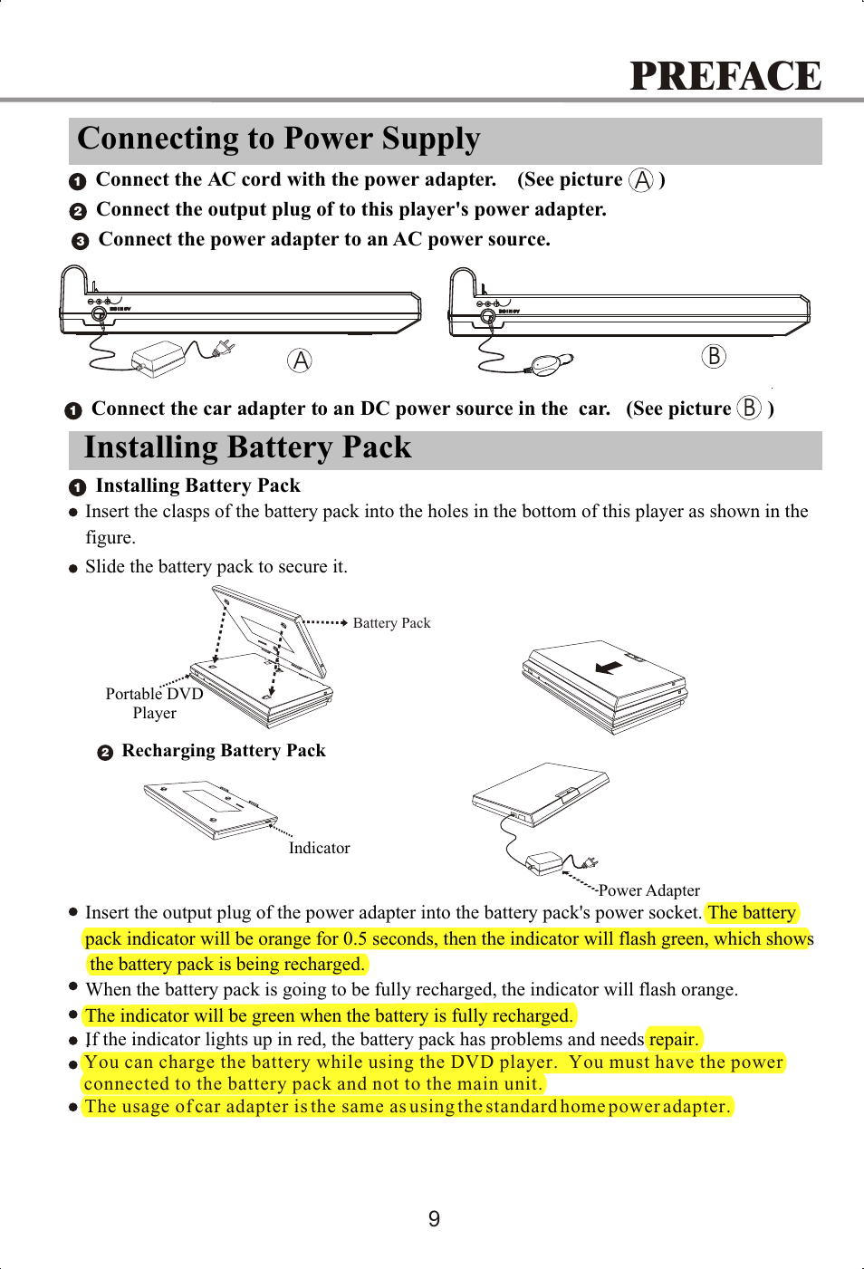 Preface, Installing battery pack, Connecting to power supply | Ab a | Memorex MVDP1072 User Manual | Page 14 / 52