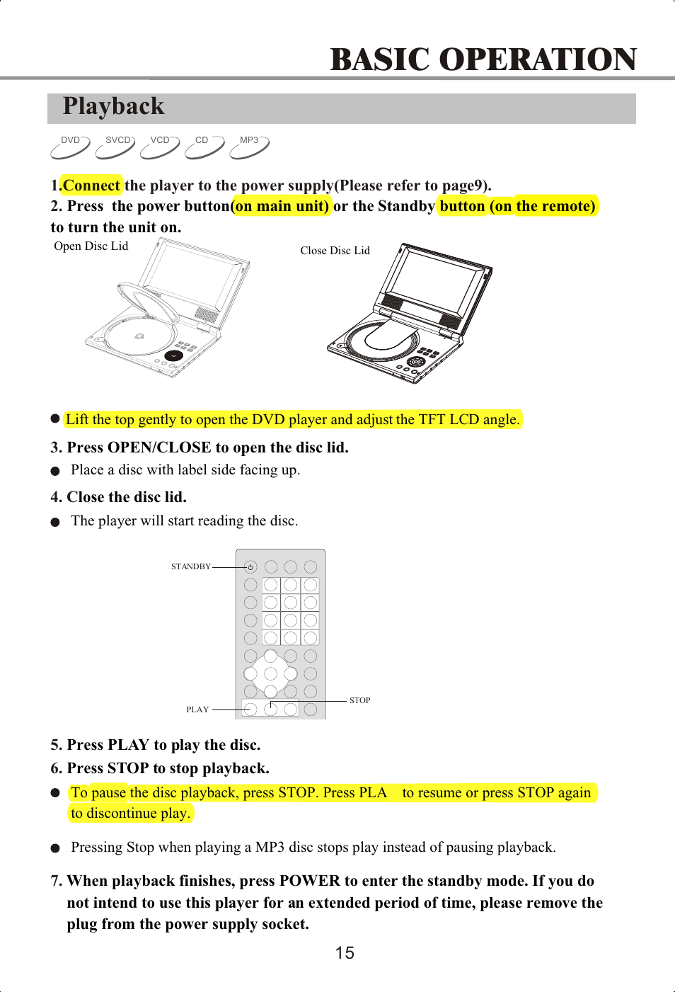 Basic operation, Playback | Memorex MVDP1072 User Manual | Page 20 / 52