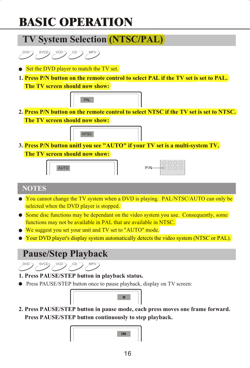 Basic operation, Tv system selection (ntsc/pal), Pause/step playback | Memorex MVDP1072 User Manual | Page 21 / 52