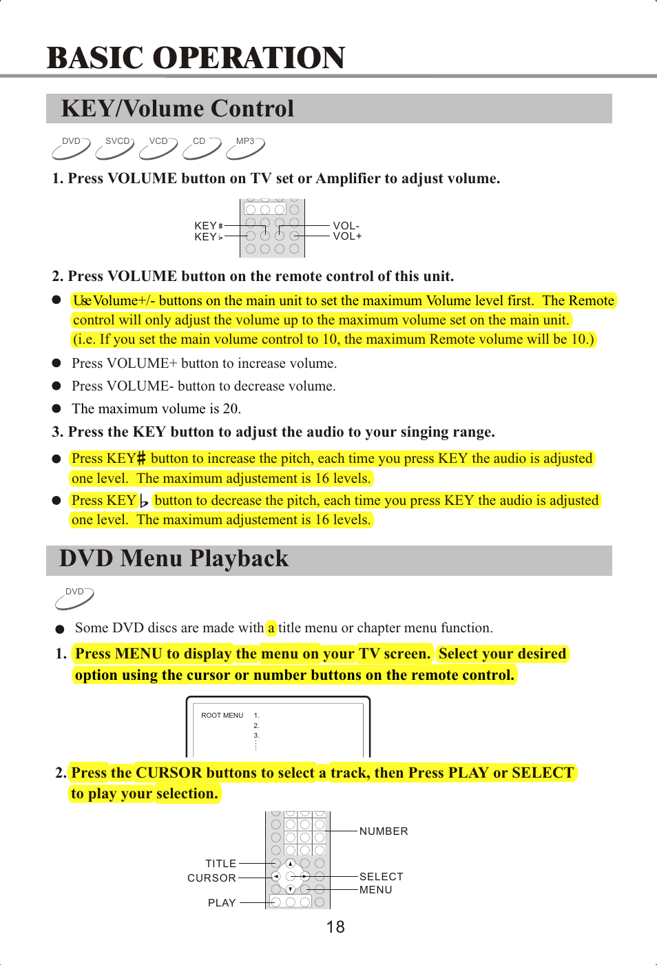 Basic operation, Key/volume control, Dvd menu playback | Memorex MVDP1072 User Manual | Page 23 / 52