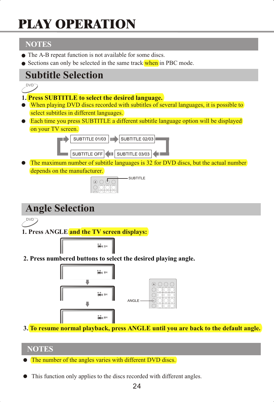 Play operation, Subtitle selection, Angle selection | Memorex MVDP1072 User Manual | Page 29 / 52