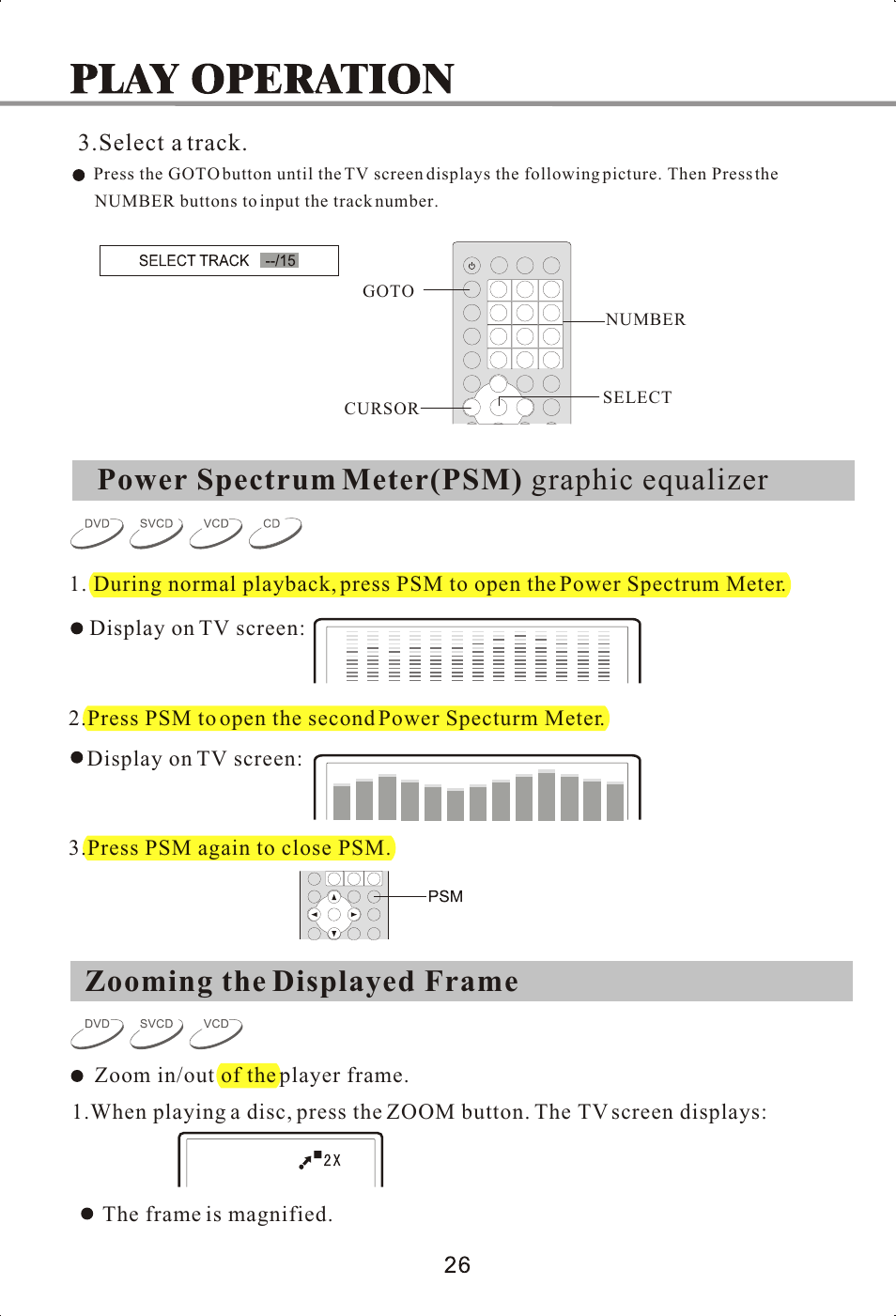 Power spectrum meter(psm) graphic equalizer, Zooming the displayed frame | Memorex MVDP1072 User Manual | Page 31 / 52