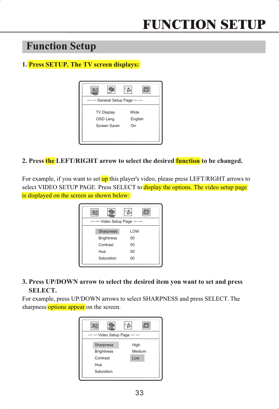 Function setup | Memorex MVDP1072 User Manual | Page 38 / 52