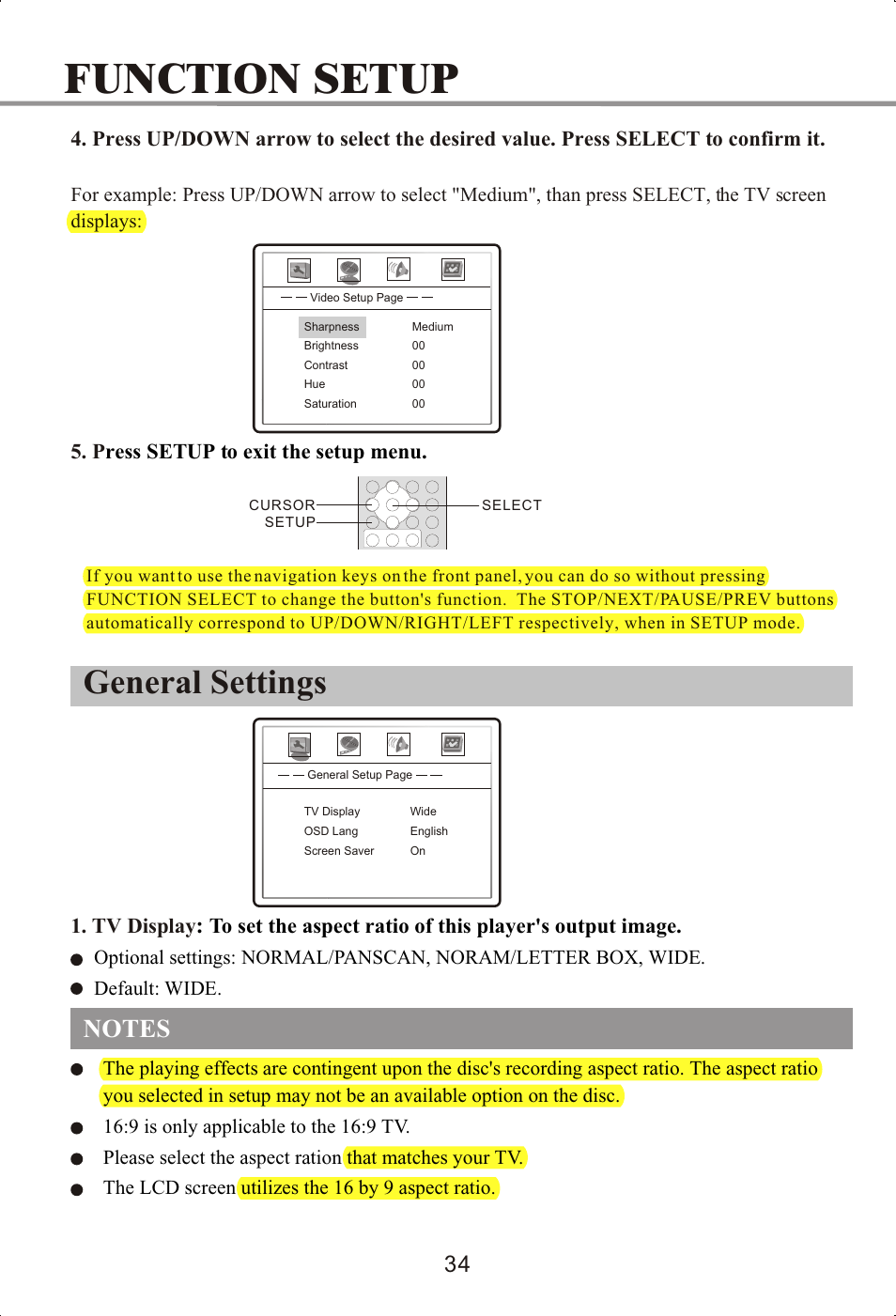 Function setup, General settings, Tv display | P ress setup to exit the setup menu | Memorex MVDP1072 User Manual | Page 39 / 52