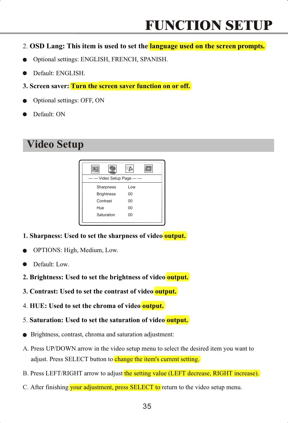 Function setup, Video setup | Memorex MVDP1072 User Manual | Page 40 / 52