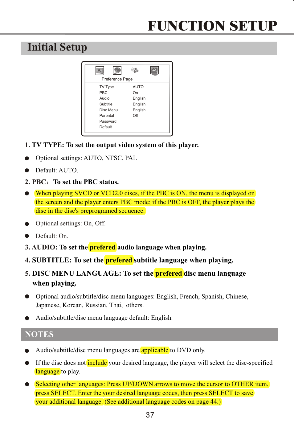 Function setup, Initial setup | Memorex MVDP1072 User Manual | Page 42 / 52