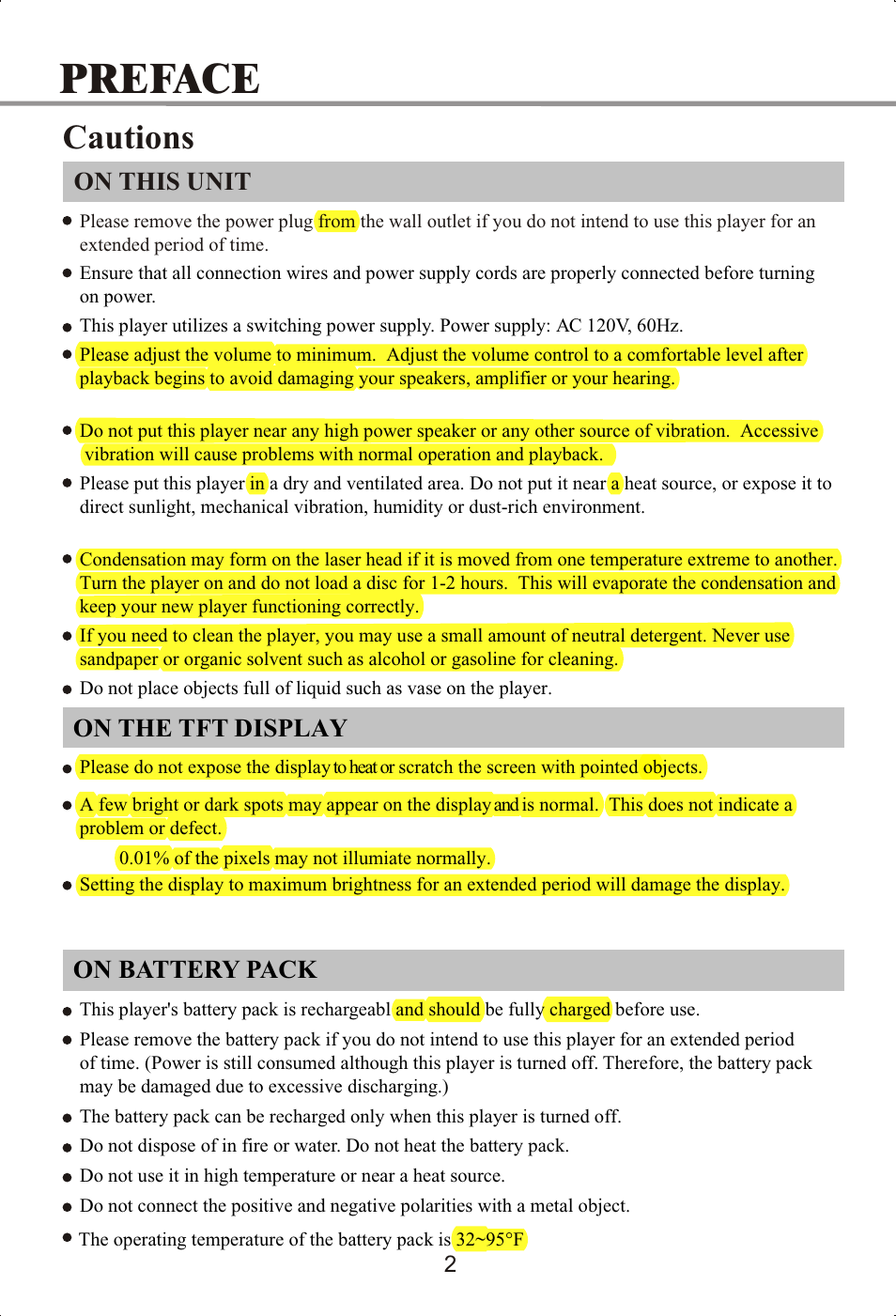 Preface, Cautions, On this unit on the tft display | On battery pack | Memorex MVDP1072 User Manual | Page 7 / 52