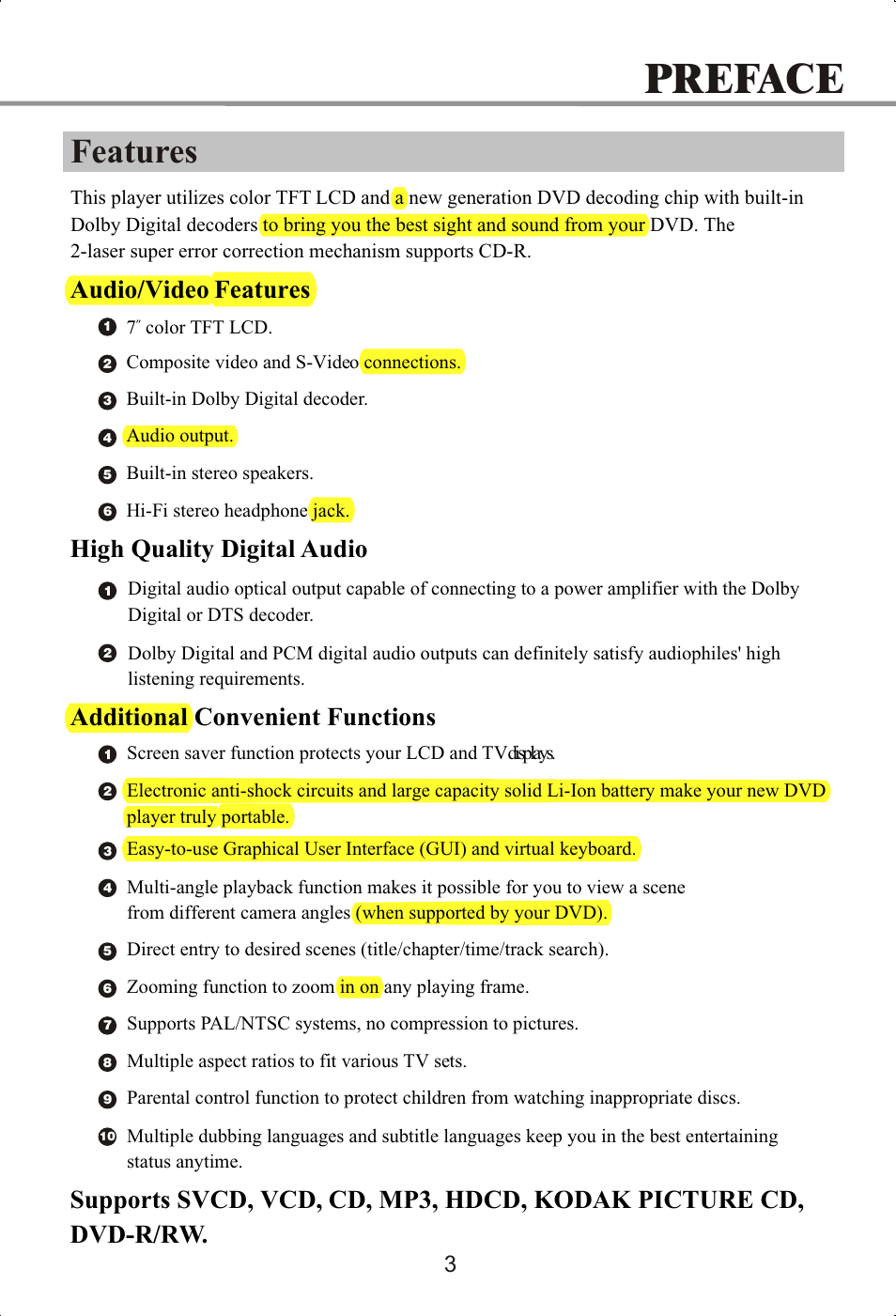 Preface, Features, Audio/video features high quality digital audio | Memorex MVDP1072 User Manual | Page 8 / 52