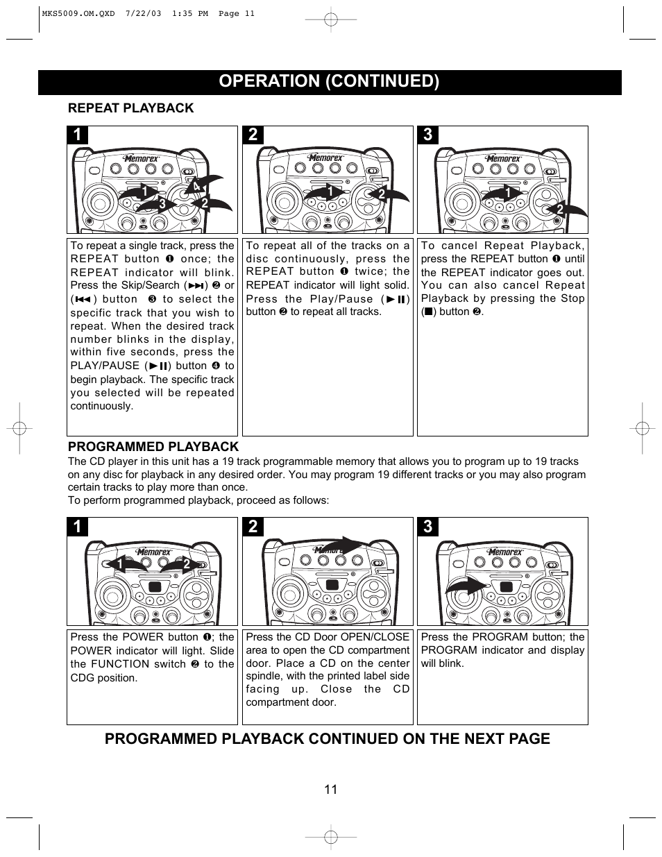 Operation (continued), Programmed playback continued on the next page | Memorex MB2186A User Manual | Page 12 / 24