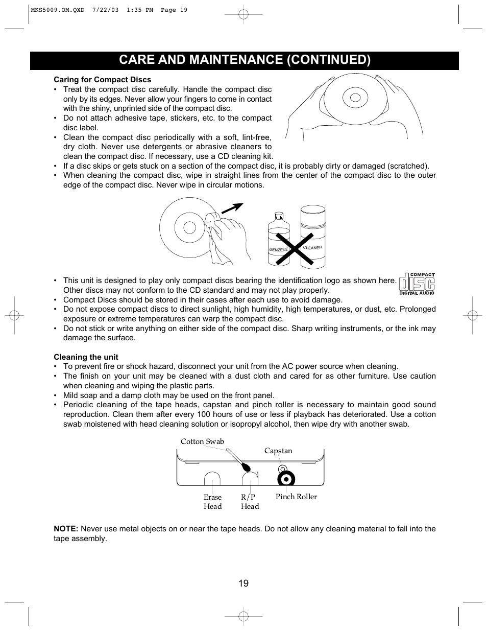 Care and maintenance (continued) | Memorex MB2186A User Manual | Page 20 / 24